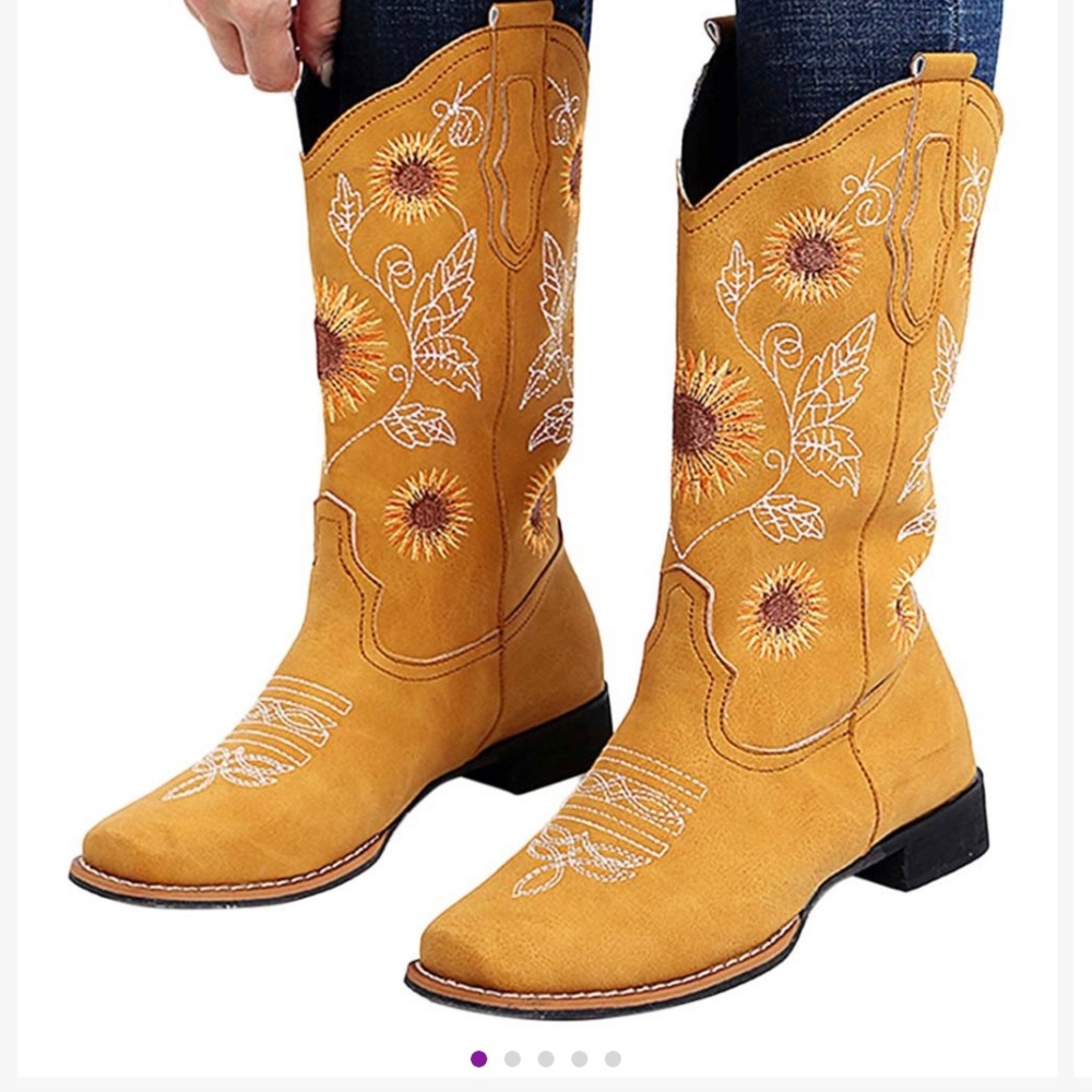 Yellow floral mid-calf cowboy boot
